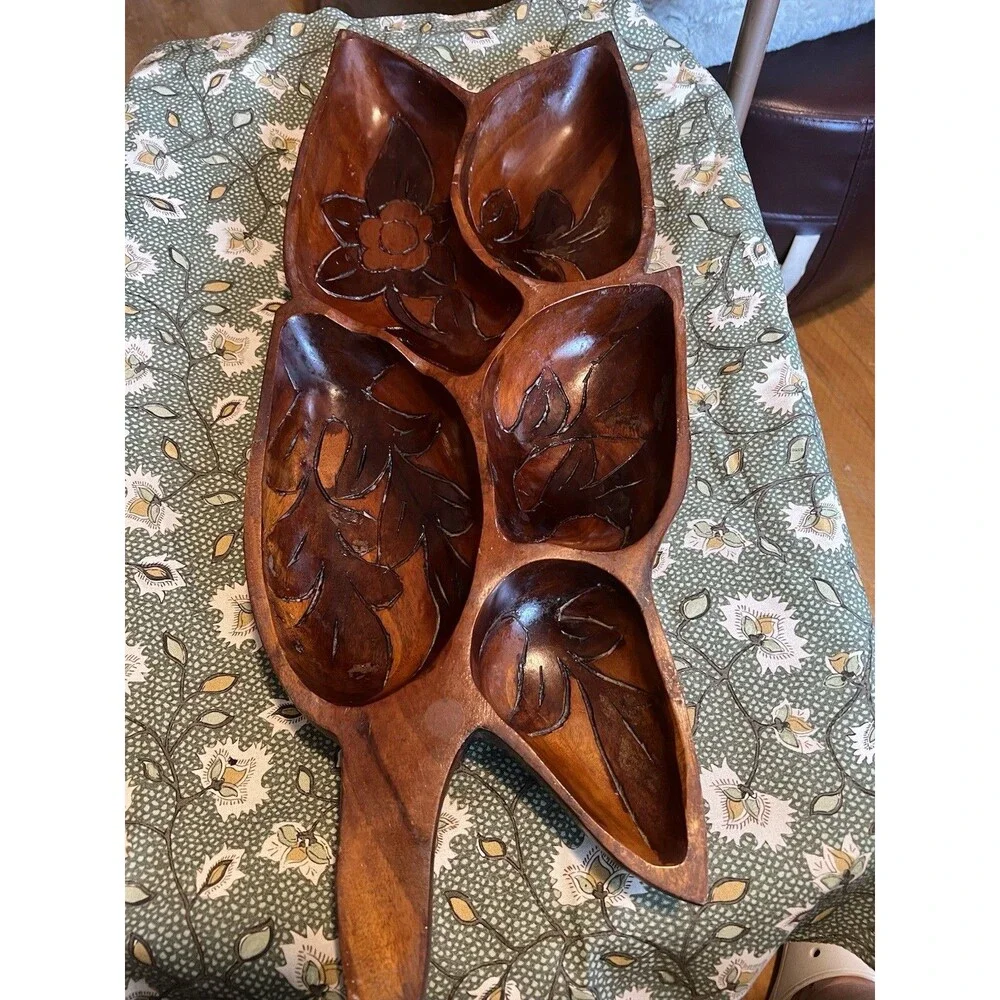 Hand Carved Wood Floral 6-Compartment Serving Tray, Brown Rustic 22 in